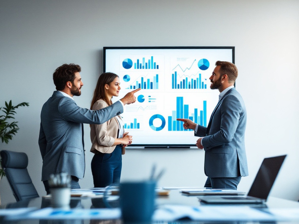 Advisors reviewing vendor performance analytics on a meeting-room display