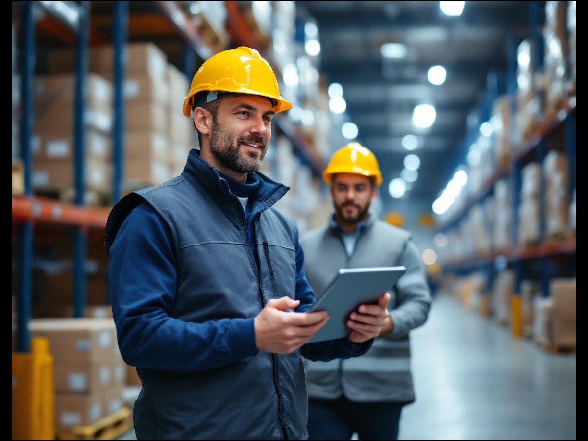 Warehouse operations specialists reviewing processes on a distribution center floor